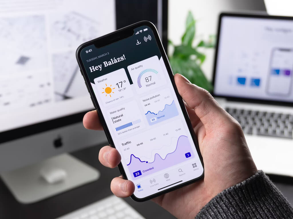 Mobile app development showcase featuring a modern smartphone interface